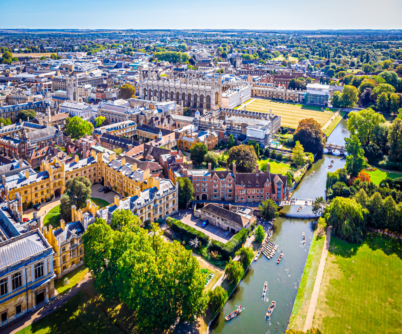 Aerial view of the River Cam in Cambridge, UK.